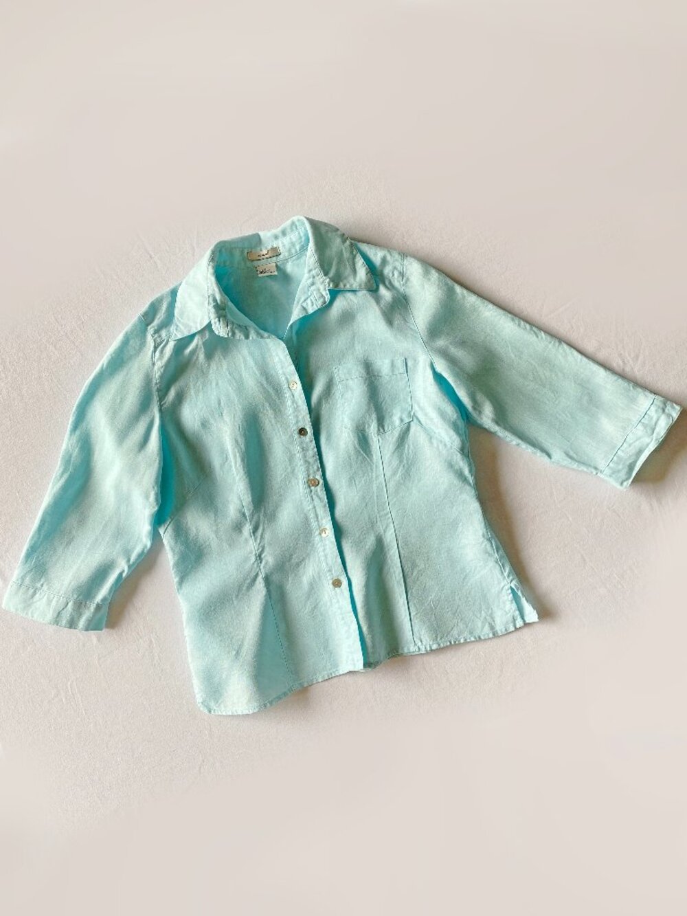 Edward 100 % Linen Aqua Button-Up 3/4 Sleeve Blouse Top Women's Size S